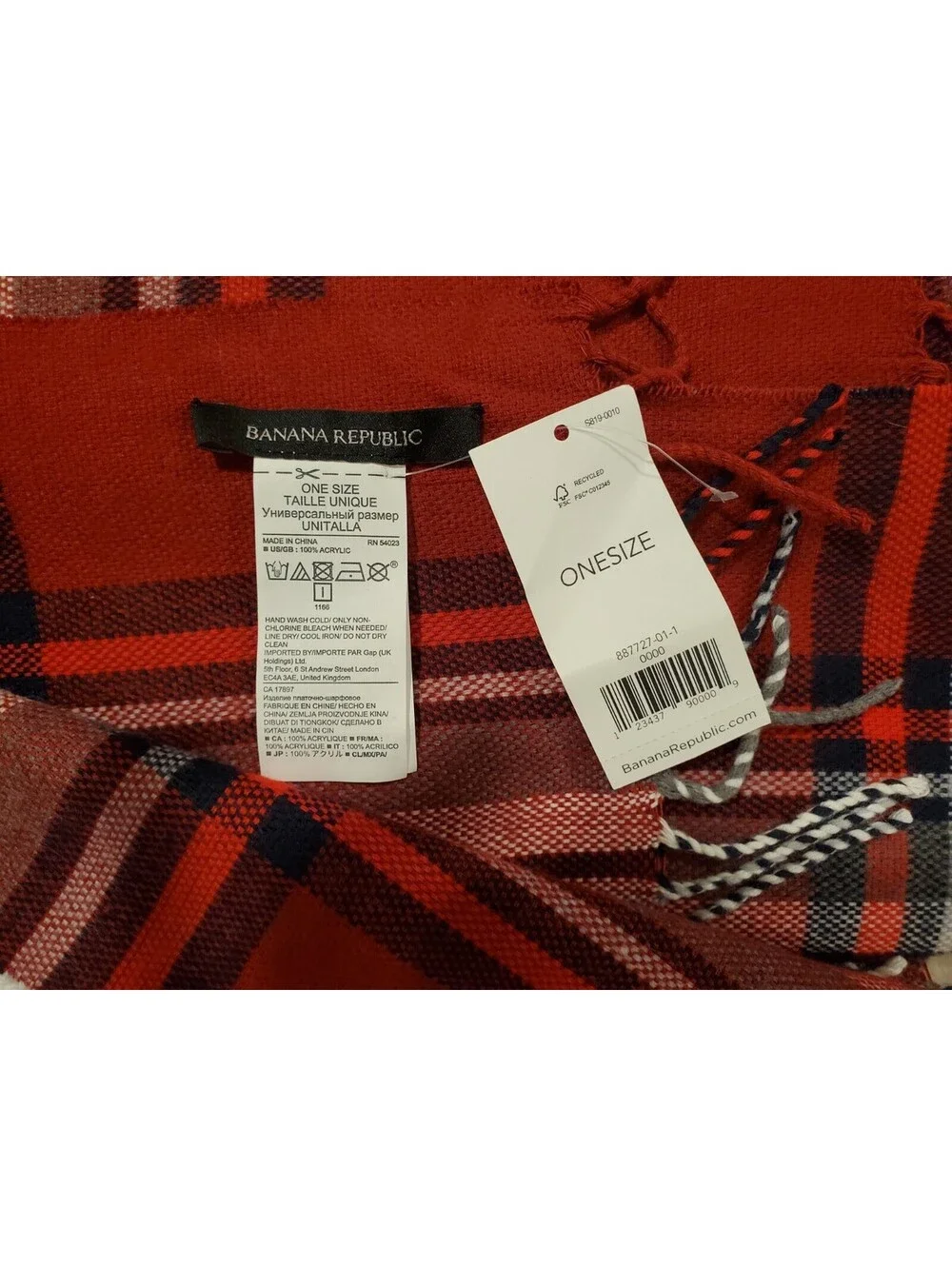 Banana Republic Red Tartan Plaid Scarf 21.5 + 68 One Size
